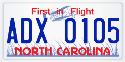 NC license plate ADX0105
