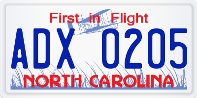 NC license plate ADX0205