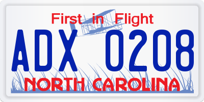 NC license plate ADX0208