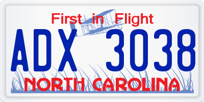 NC license plate ADX3038