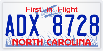 NC license plate ADX8728