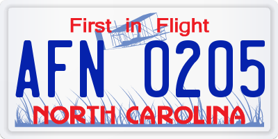 NC license plate AFN0205