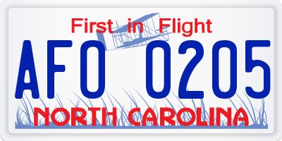 NC license plate AFO0205