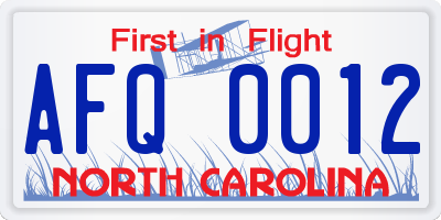NC license plate AFQ0012