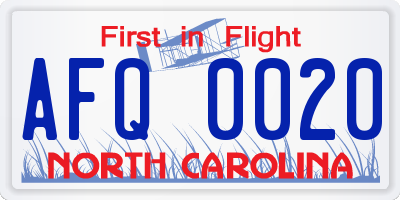 NC license plate AFQ0020