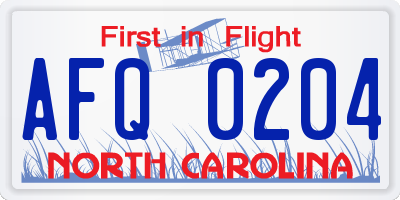 NC license plate AFQ0204