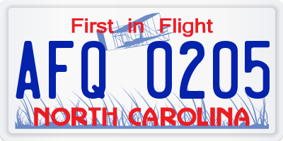 NC license plate AFQ0205