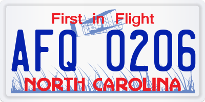 NC license plate AFQ0206