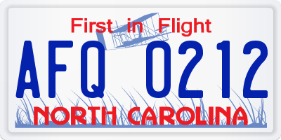 NC license plate AFQ0212