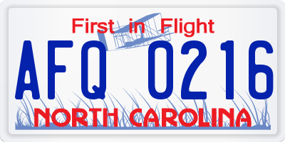 NC license plate AFQ0216