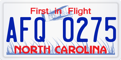 NC license plate AFQ0275