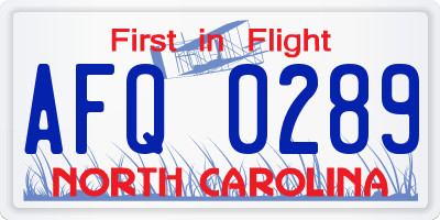 NC license plate AFQ0289