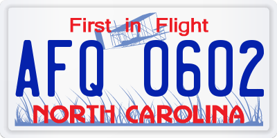 NC license plate AFQ0602