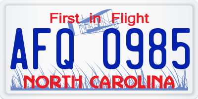 NC license plate AFQ0985