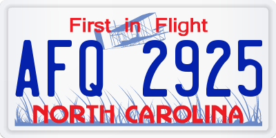 NC license plate AFQ2925