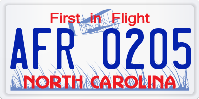 NC license plate AFR0205