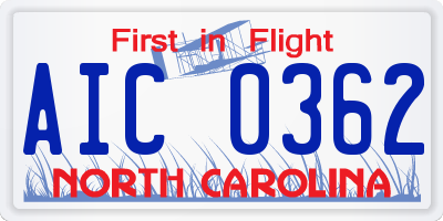 NC license plate AIC0362