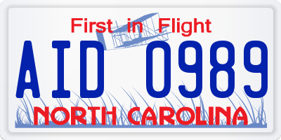 NC license plate AID0989