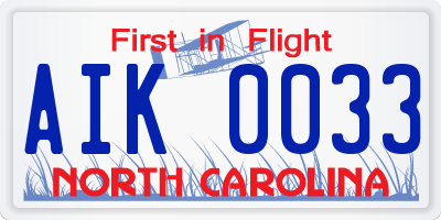 NC license plate AIK0033