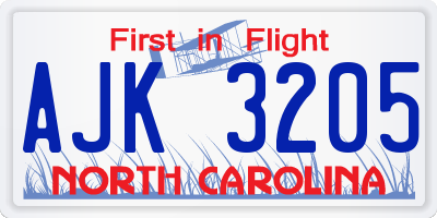 NC license plate AJK3205