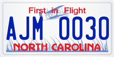 NC license plate AJM0030