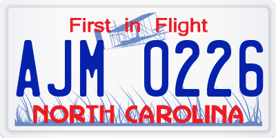 NC license plate AJM0226