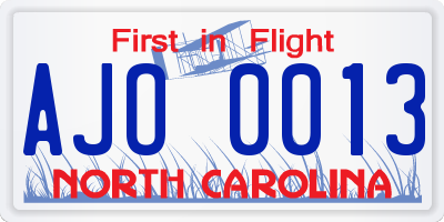 NC license plate AJO0013