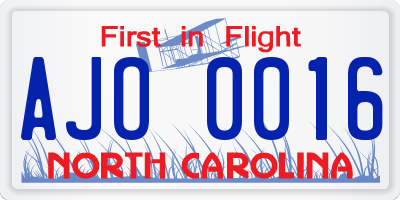 NC license plate AJO0016