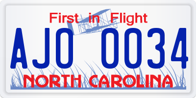 NC license plate AJO0034