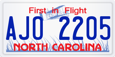NC license plate AJO2205