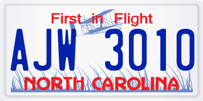 NC license plate AJW3010