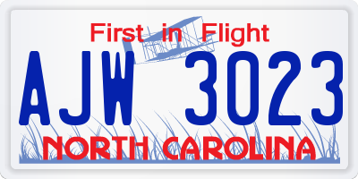 NC license plate AJW3023
