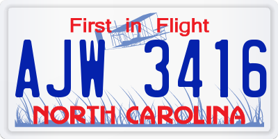 NC license plate AJW3416