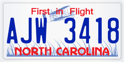 NC license plate AJW3418
