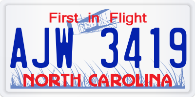 NC license plate AJW3419