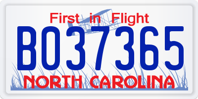 NC license plate B037365