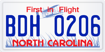 NC license plate BDH0206