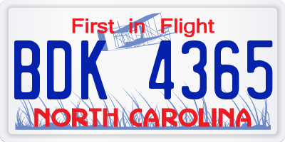NC license plate BDK4365