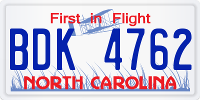 NC license plate BDK4762