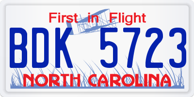 NC license plate BDK5723