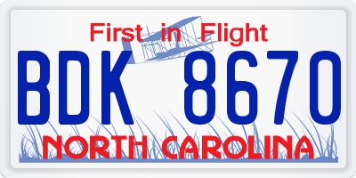 NC license plate BDK8670