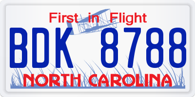 NC license plate BDK8788