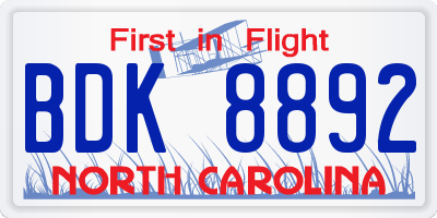 NC license plate BDK8892