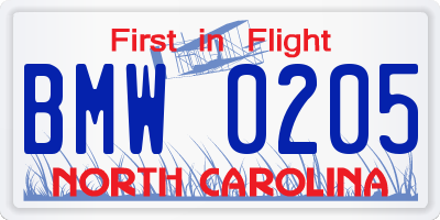 NC license plate BMW0205
