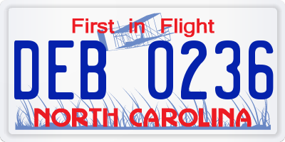 NC license plate DEB0236