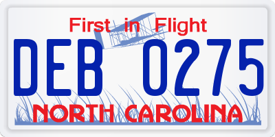 NC license plate DEB0275