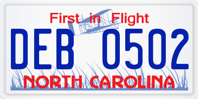 NC license plate DEB0502