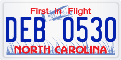 NC license plate DEB0530