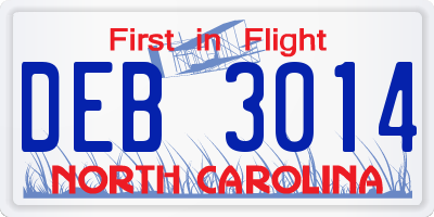 NC license plate DEB3014