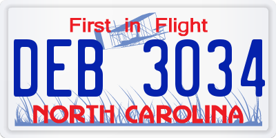 NC license plate DEB3034